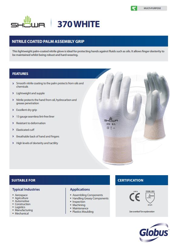 Showa 370 Nitrile Palm Coated 4.1.2.1 White Assembly Grip Gloves