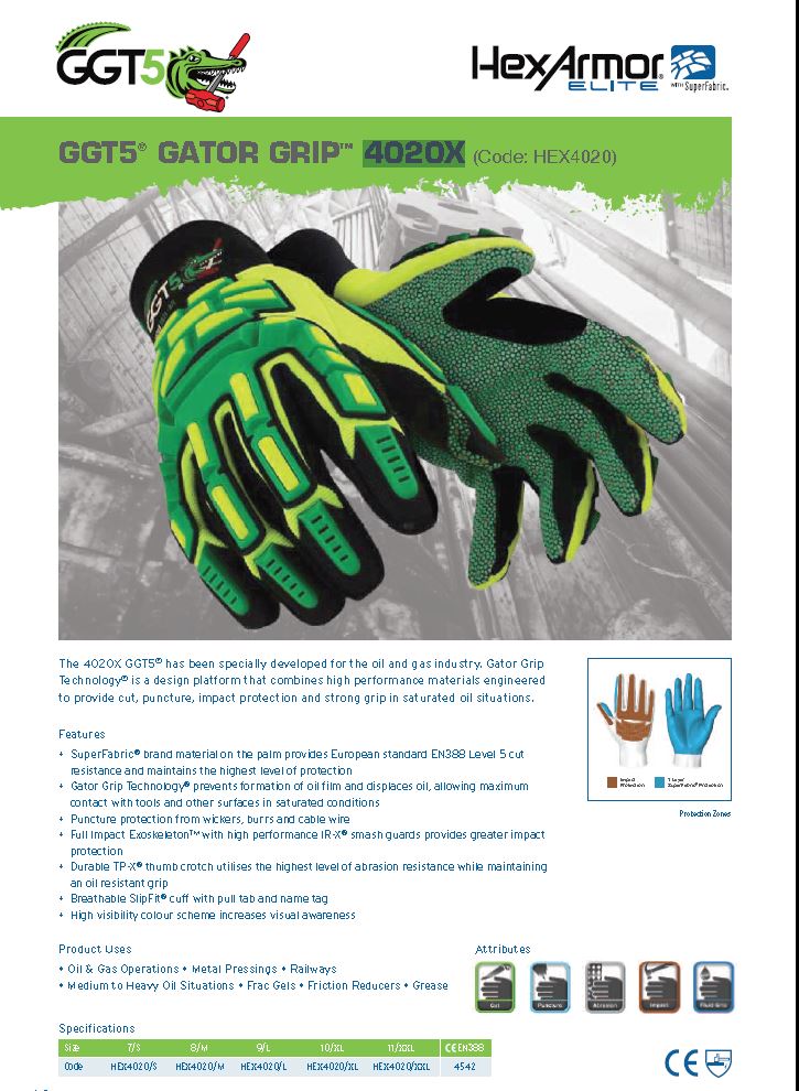 Polyco HexArmor GGT5 Gator Grip 4020 Impact Protection Cut Level-5 Protection Green Work Gloves