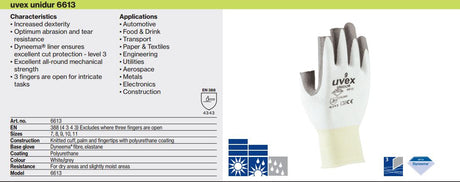 Uvex Unidur 6613 White/Grey Fingerless Glove Cut 3 Protection