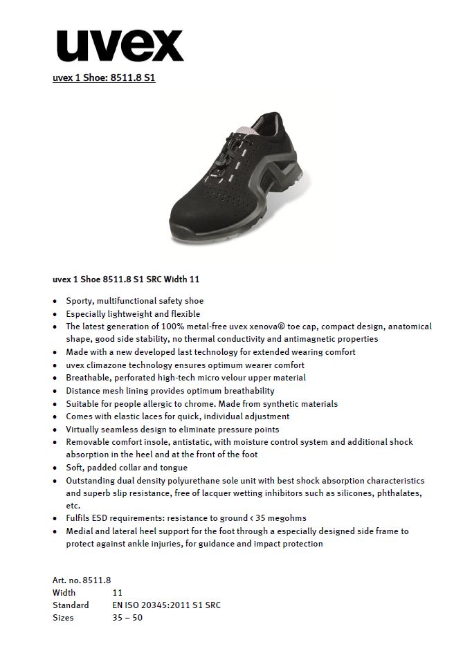 Uvex 1 X-Tended 8511 Safety Trainer Shoe Metal-Free ESD Black