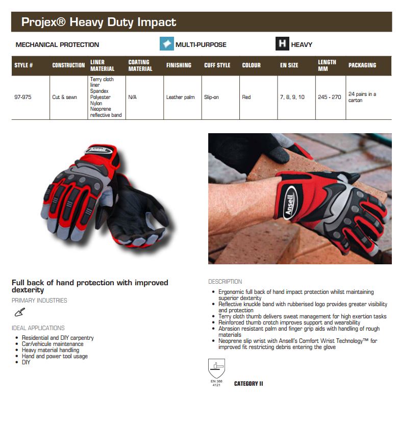 Ansell 97-975 Projex Series Heavy Duty Impact Gloves - Red