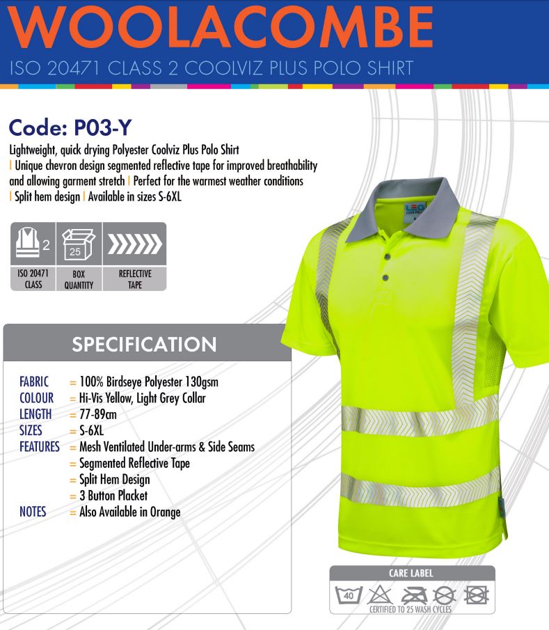 Leo Workwear Woolacombe P03 Segmented Reflective Tape Hi-Vis Comfort Polo Shirt