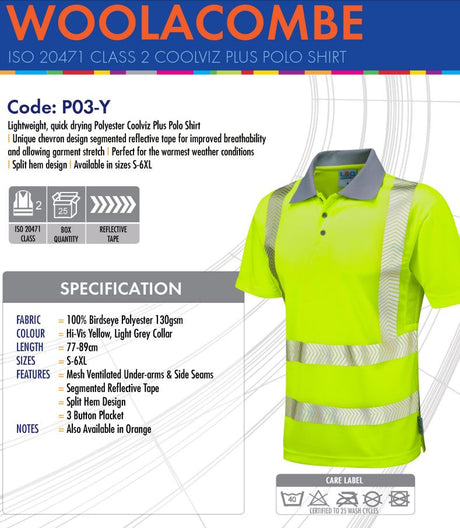 Leo Workwear Woolacombe P03 Segmented Reflective Tape Hi-Vis Comfort Polo Shirt