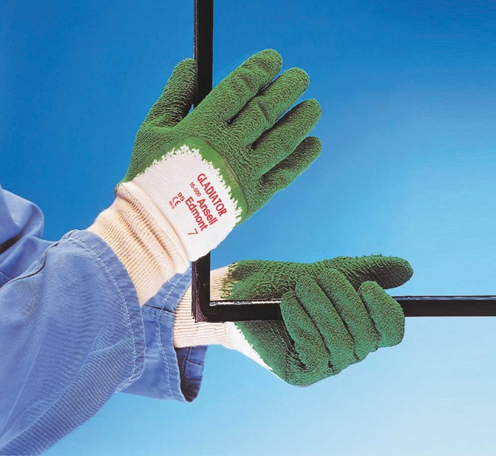 Ansell 16-500 Gladiator Natural Rubber Coating on Interlock Liner Work Gloves