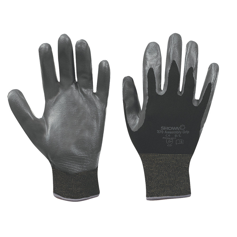 Showa 370 Atlas Nitrile Palm Coating Hand Protection Assembly Grip Gloves, Size - Large