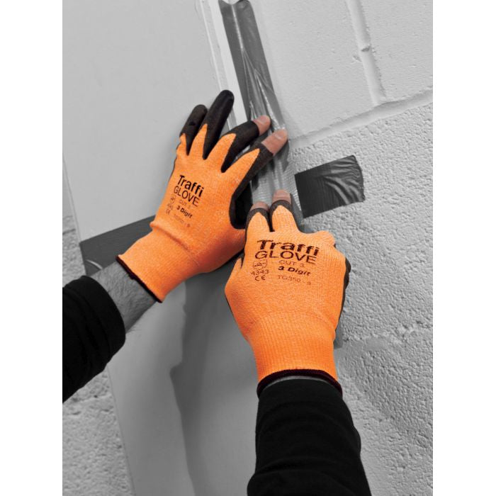 TraffiGlove Amber 3 Digit Safety Gloves PU Coating Level 3 Cut Resistant Size 9