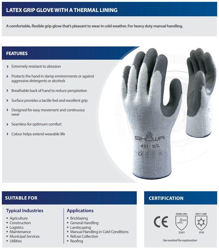 Showa Thermo Grip 451 Cold Conditions, Latex Coated Palm Glove, Excellent Grip 2.2.4.1