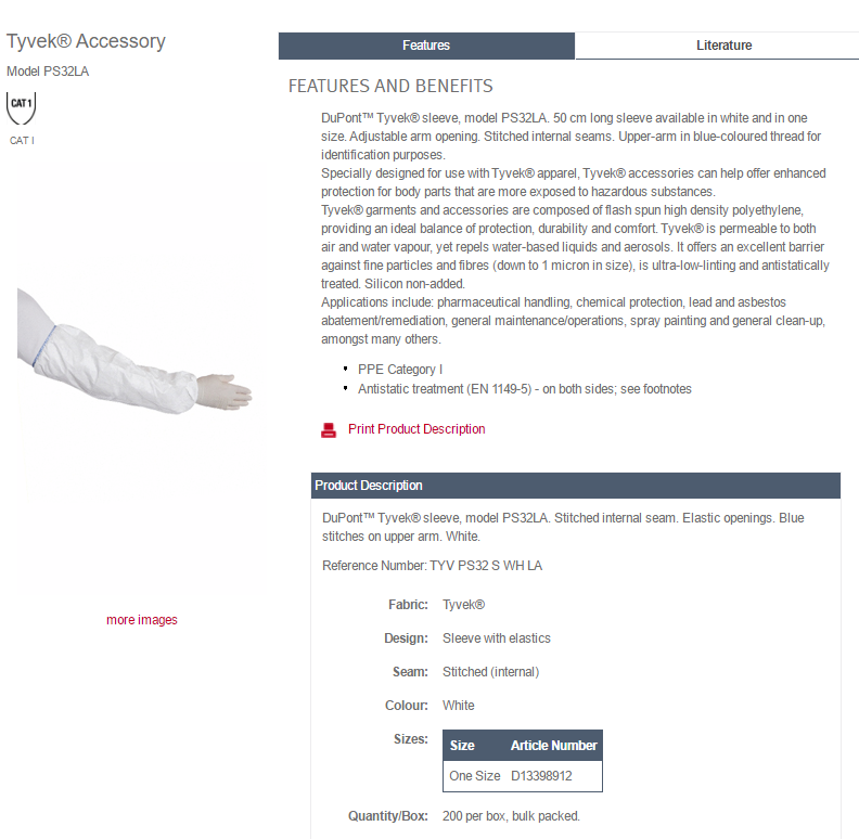 Dupont Tyvek Ps32La Armlets Oversleeves Single Sleeve