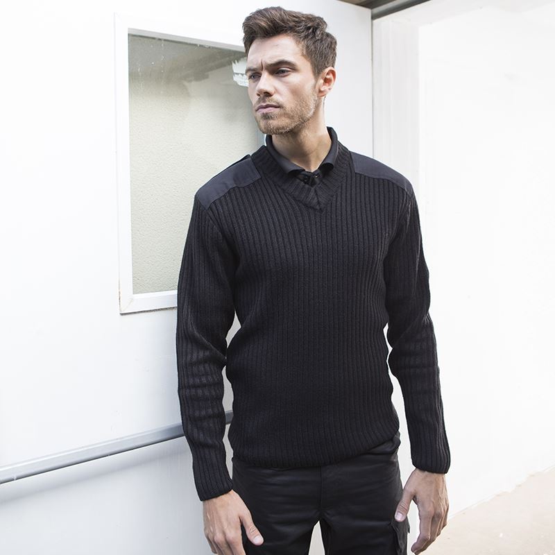 RTY Workwear RT022 Men V-Neck Security Jumper Black Ribbed, Size - Large