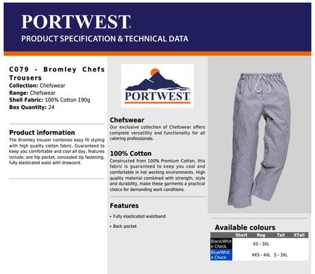 Portwest Bromley C079 100% Cotton Work Pants Kitchen Uniform Chef's Trousers, Size - Small