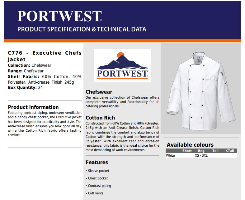 Portwest C776 Anti-Crease Finish White with Black Trim Executive Chef Jacket