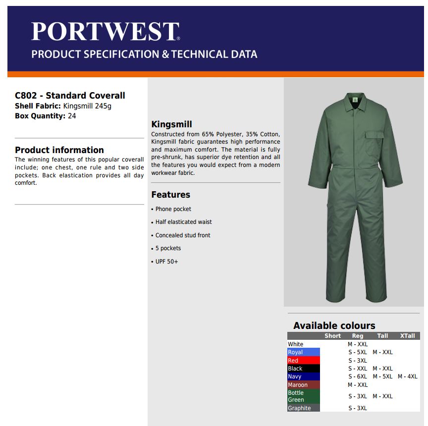 Portwest Classic Standard Polycotton Boilersuit Coverall C802 Green - Grey