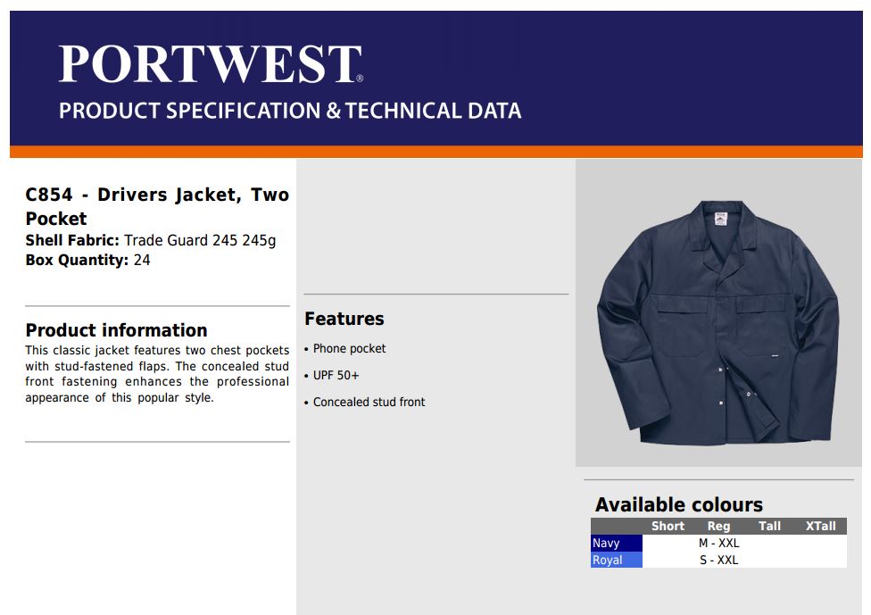 Portwest 2 Pockets Drivers Jacket C854 Polycotton Navy