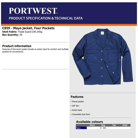 Portwest Mayo Work Driver Jacket C859 Four Pockets Polycotton 245gsm Navy