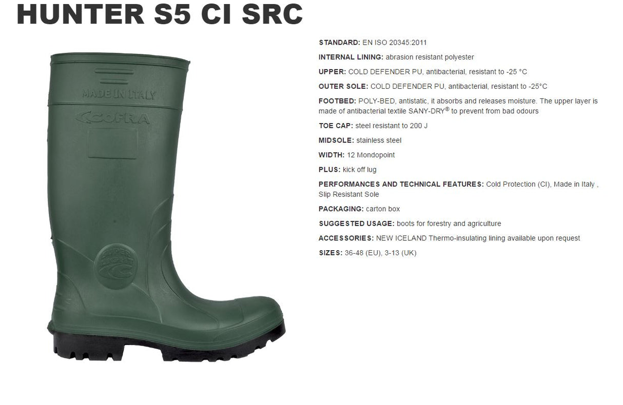 Cofra Hunter Abrasion Resistant Steel Toe Cap S5 Safety Wellington Green PU
