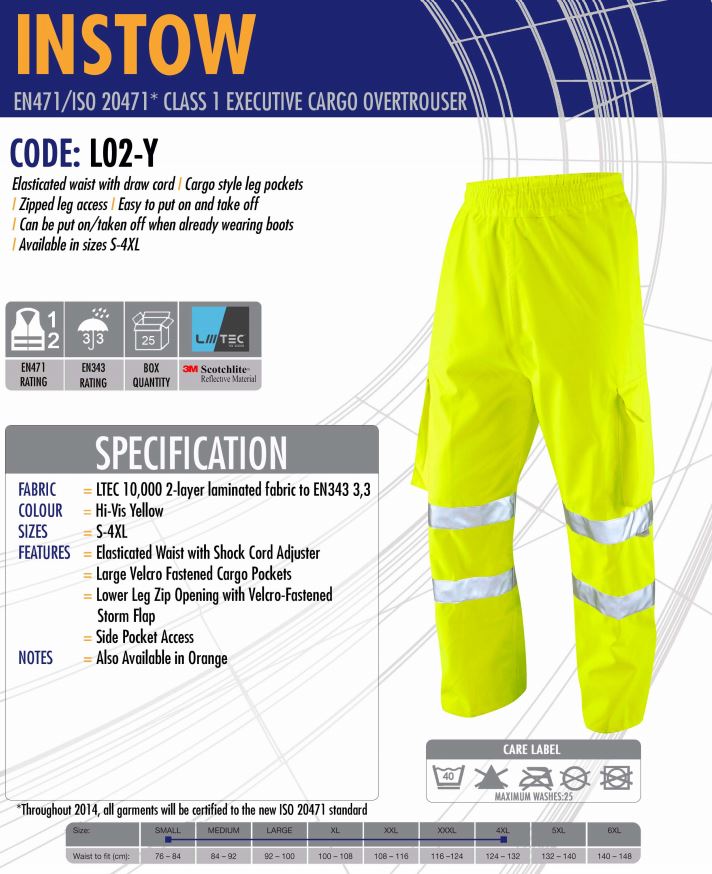 Leo Workwear Instow L02-Y Hi Vis Executive Cargo Overtrouser - Yellow
