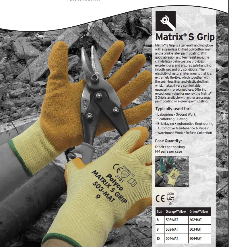 Polyco Matrix S Grip Work Glove Latex Palm Coated Orange