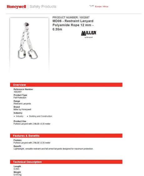 Honeywell Miller MD06 Forked 2 Karabiner Fall Arrest Lanyard