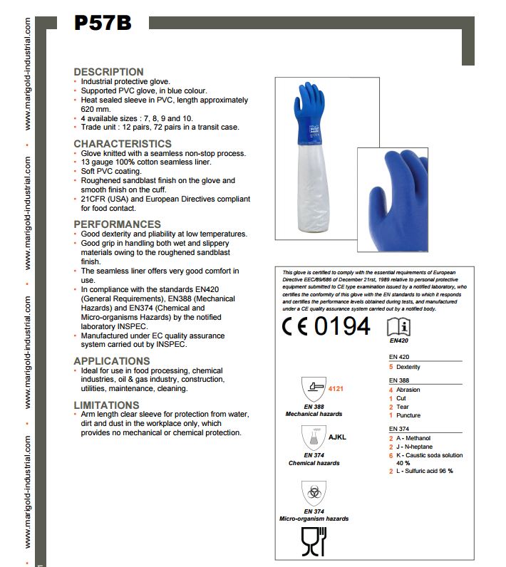 Marigold P57B 32cm Extended Sleeve Chemical Protection Soft PVC Gauntlet