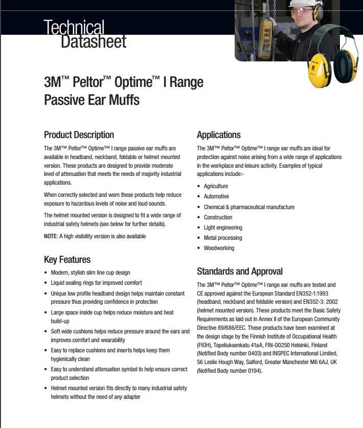 3M Peltor H510P3H Optime I Ear Muffs Helmet Attachment For Centurian Helmet Only