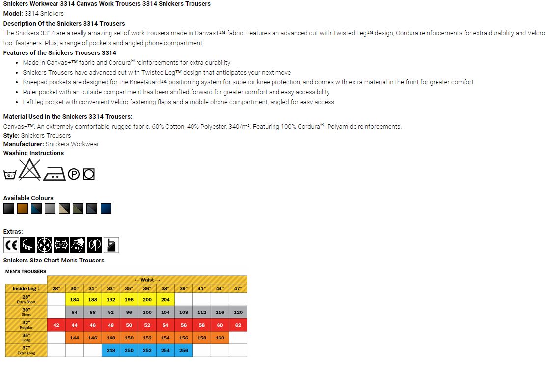 Snickers Workwear 3314 Trouser - Various Colours
