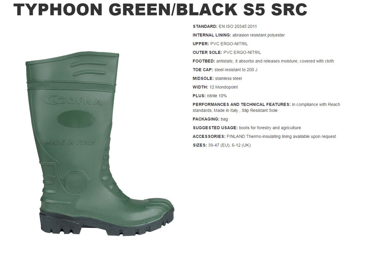 Cofra Typhoon Resistant To Mineral Oils Hydrocarbons S5 Green PVC Safety Wellington