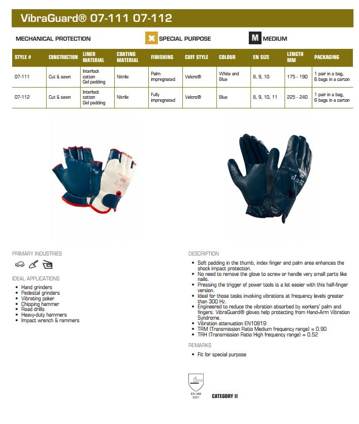 Ansell Vibraguard 07-112 Nitrile Anti Vibration Grip Work Gloves