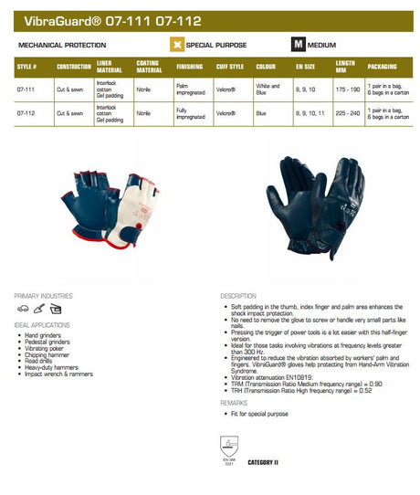 Ansell Vibraguard 07-112 Nitrile Anti Vibration Grip Work Gloves