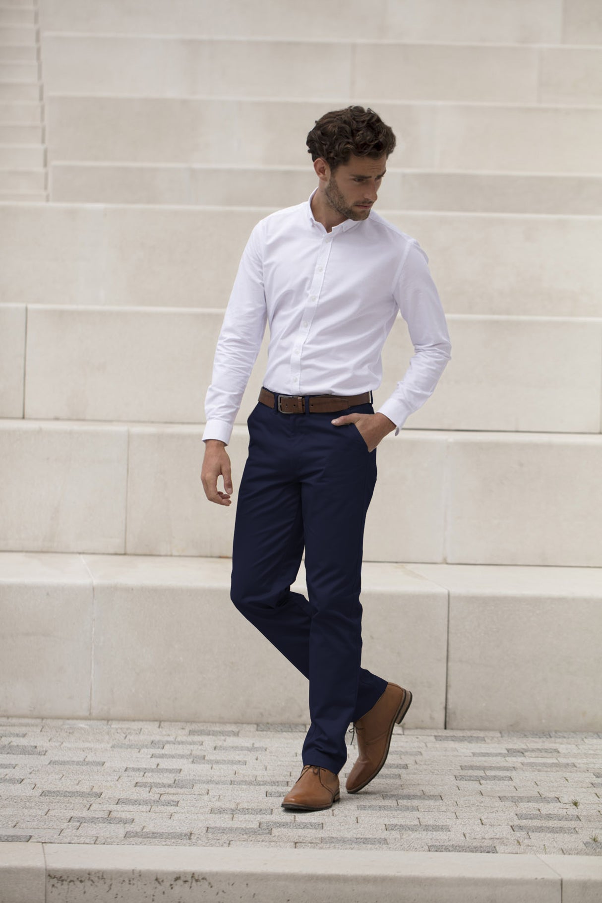 Henbury H640 Flat Fronted Navy Chinos Trousers