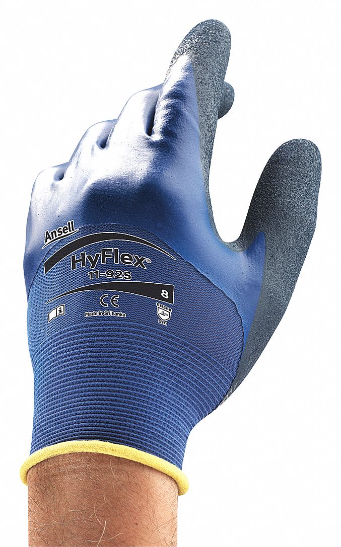 Ansell 11-925 HyFlex Work Gloves Nitrile Oil Repellent ¾ Coating