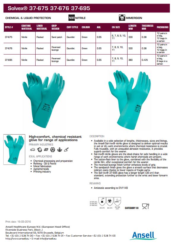 Ansell 37-675 Sol-Vex® Nitrile Chemical Resistant Gloves - Green