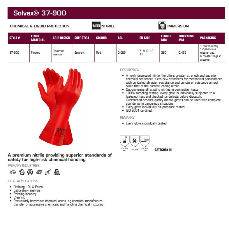 Ansell 37-900 Sol-Vex® Premium Nitrile Chemical  Gloves - Red