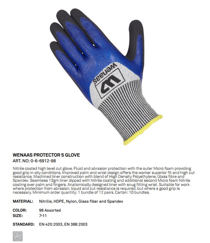 Wenaas Protector-5 6-6912 Abrasion Protection Cut Resistance Nitrile Coated Gloves