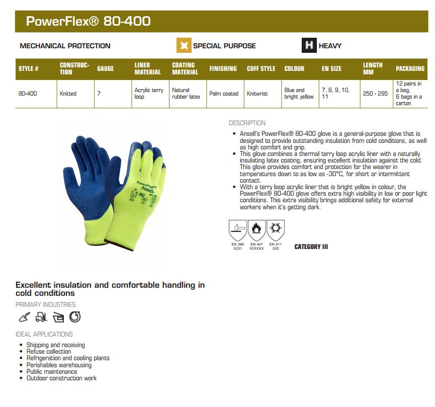 Ansell Powerflex 80-400 Insulated Latex Palm Coat Hi Vis Glove