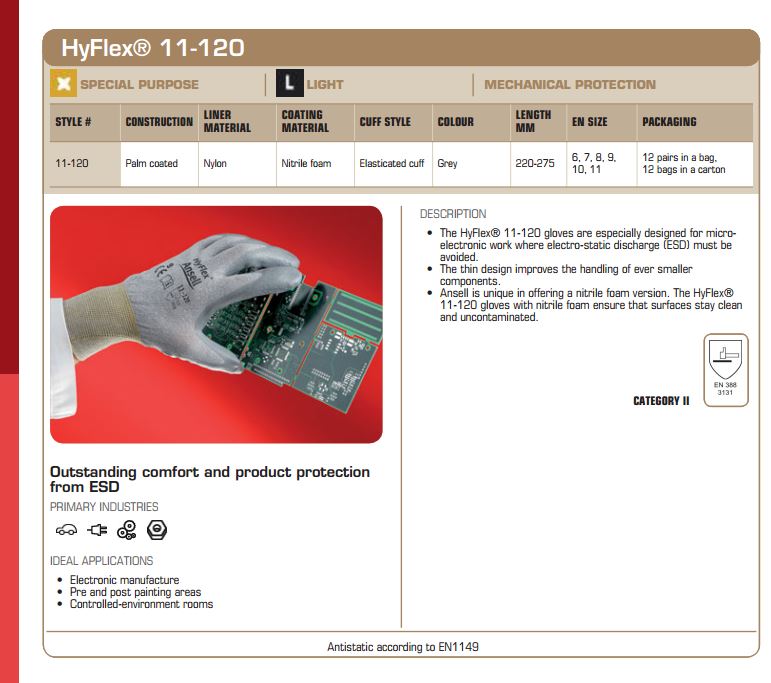 Ansell HyFlex 11-120 Nitrile Palm Coated Work Gloves ESD Tested