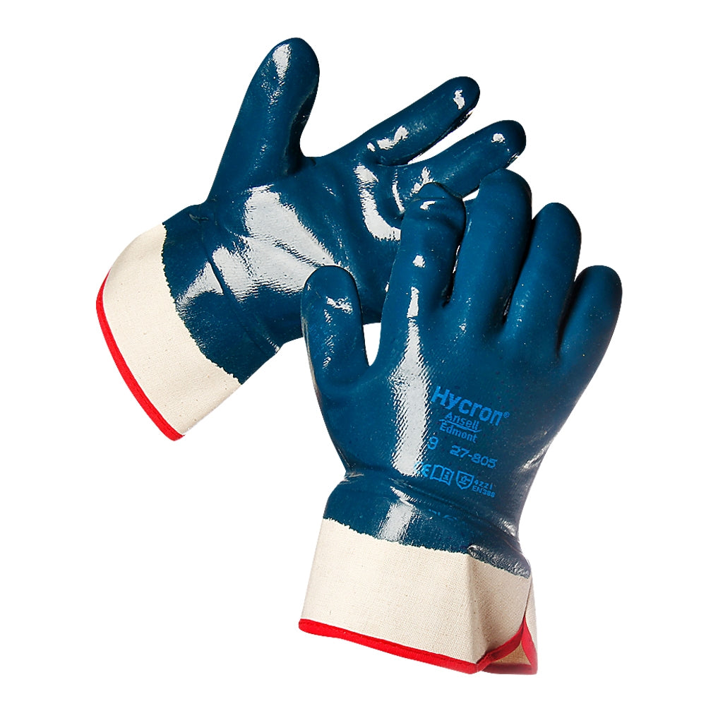 Ansell 27-805 Hycron Nitrile Fully Dipped Open Cuff Water & Grease Resistant Work Gloves