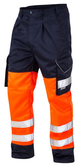 Leo Workwear Bideford CT01 Hi Vis Class 1 Knee Pad Pockets Cargo Trouser - Orange & Navy