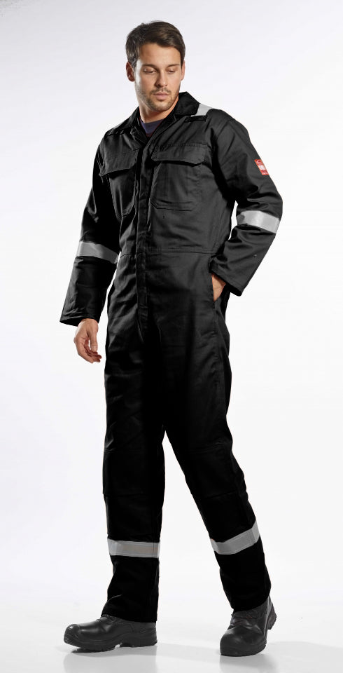 Portwest FR21 Flame Retardant Boiler Suit Hi Vis Bands Anti-Static Coverall Black