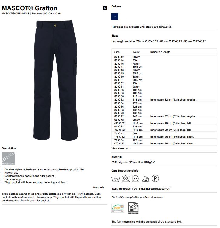 Mascot 00299-430 Grafton Polycotton Reinforced Work Trousers Navy