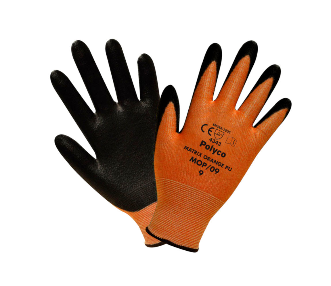 Polyco Matrix Orange Work Gloves Polyurethane Coating Cut 3 Resistant Oily Grip