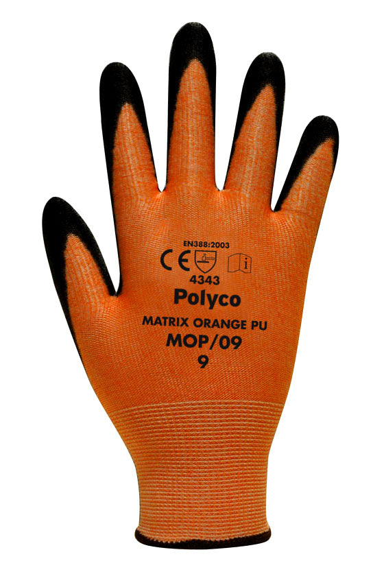 Polyco Matrix Orange Work Gloves Polyurethane Coating Cut 3 Resistant Oily Grip