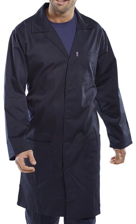 Beeswift PCWC Mens Warehouse Coat 100% Polycotton Stud Closure Uniforms Workwear Navy