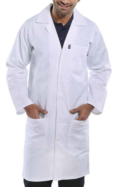 Beeswift PCWC Mens Warehouse Coat 100% Polycotton Stud Closure Uniforms Workwear White