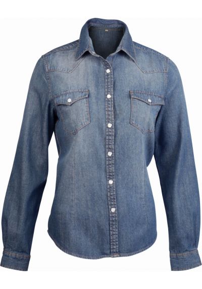 Kariban KB518 Ladies Shirt Long Sleeve Blue Denim, Size - Large