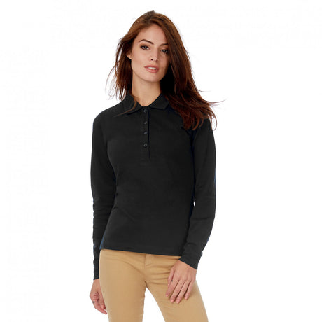 B&C Safran PW456 Pure Long Sleeve 100% Cotton Black Ladies Polo Shirt, Size - XL