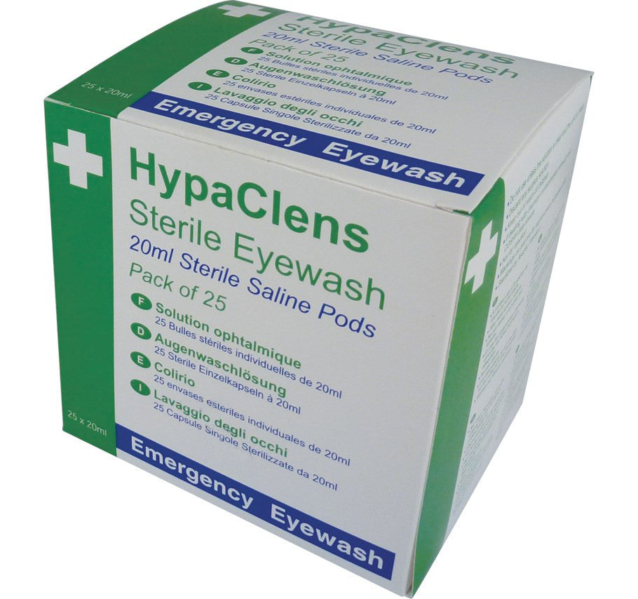 HypaClens Eyewash Pods 20ml 0.9% Sterile Saline Solution Emergency Eye Care Box of 25