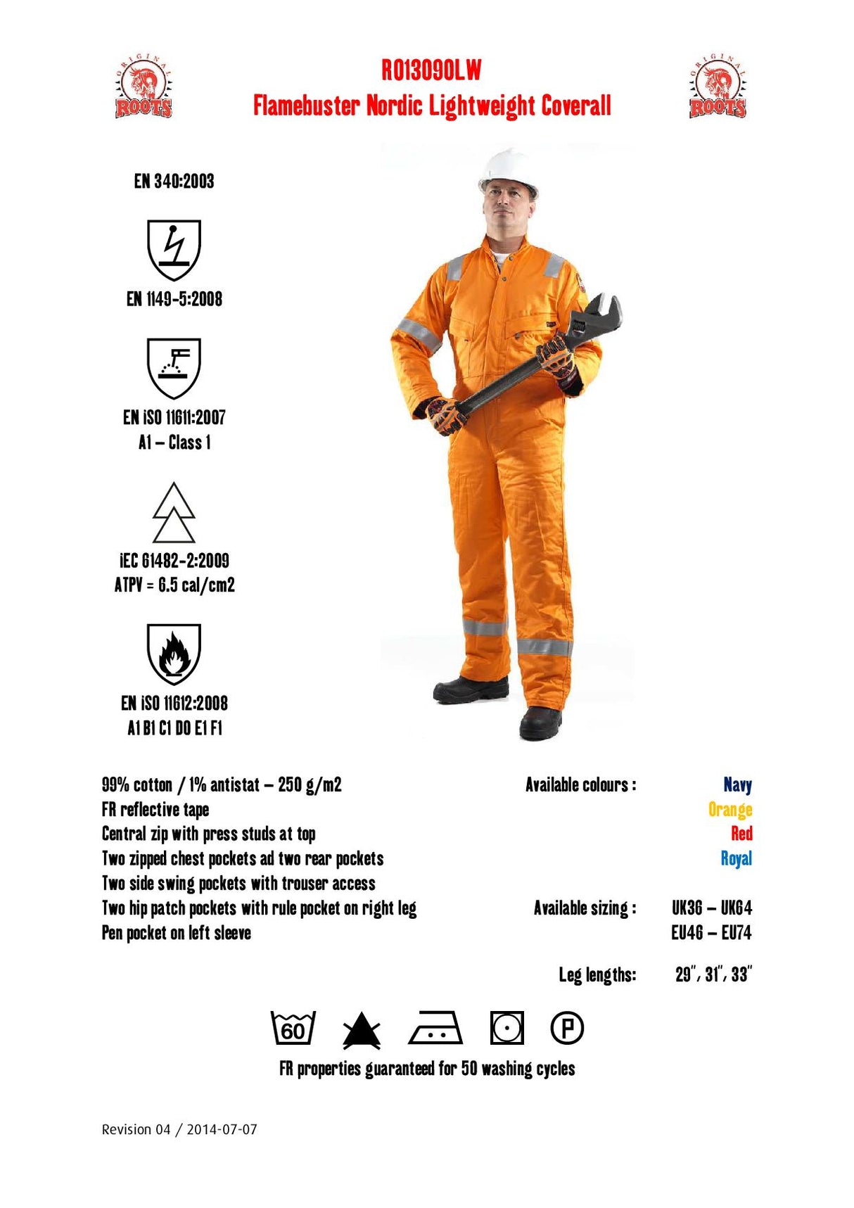 Roots RO13090LW Flamebuster Lightweight 250gm Fire Resistant Work FR Coverall