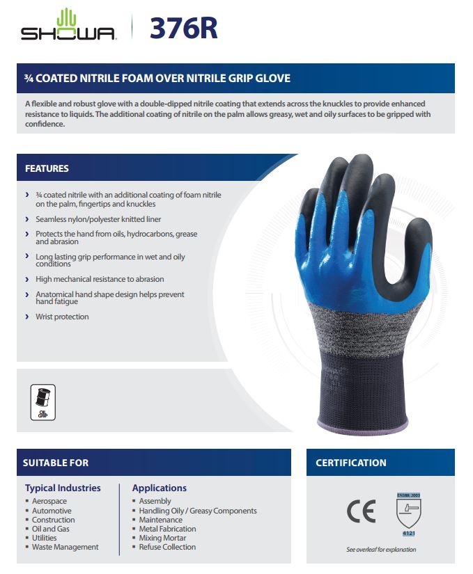 Showa 376 Nitrile Foam Coated Wrist Protect Glove 4.1.2.1