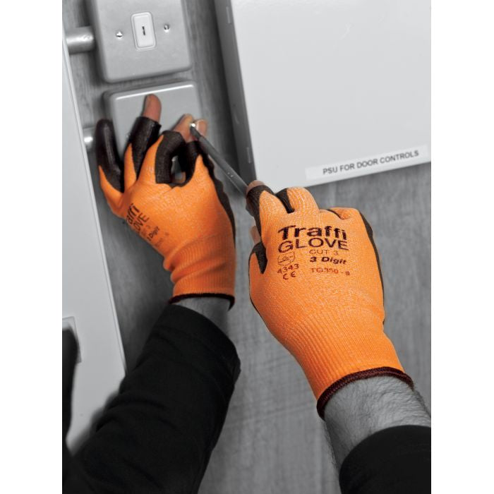 TraffiGlove Amber 3 Digit Safety Gloves PU Coating Level 3 Cut Resistant Size 6