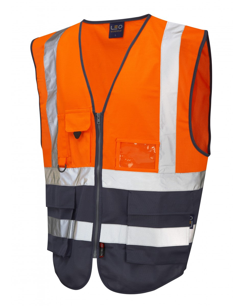 Leo Workwear Lynton W11 Hi-Vis Waistcoat Orange/Navy